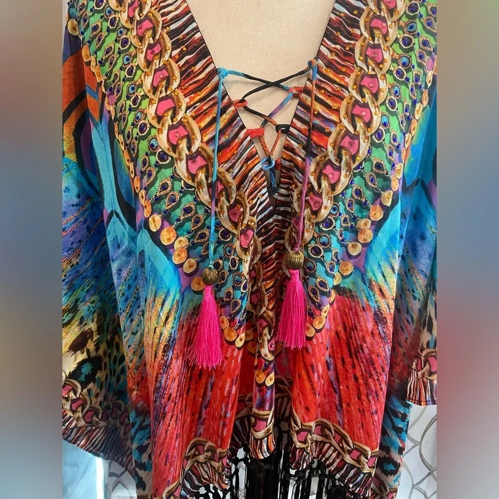 NWT True Colours by La Moda Fringe Peacock Caftan Top- One Size - Picture 2 of 10